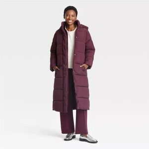 Women's Hooded Duvet Puffer Jacket - A New Day Burgundy XS.